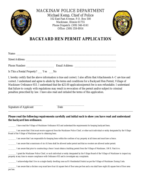 First page of the Backyard Hen Permit Application