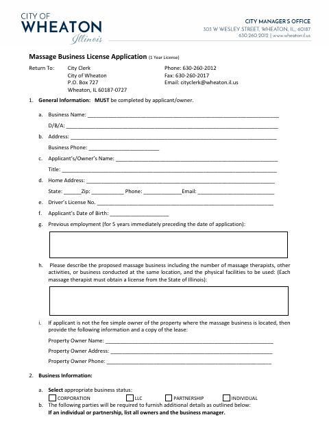 First page of the Massage Business License Application