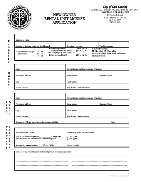 First page of the New Owner Rental Unit License Application
