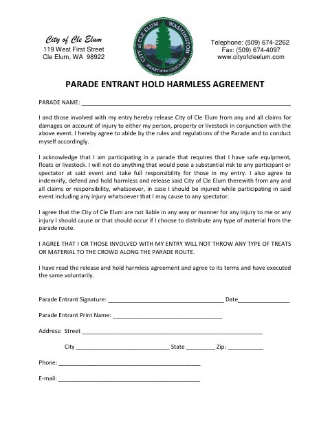 First page of the Parade Entrant Hold Harmless Agreement