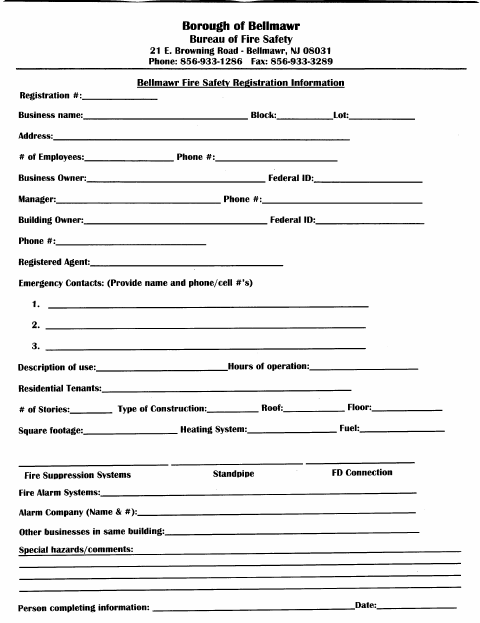 First page of the Fire Safety Registration Information