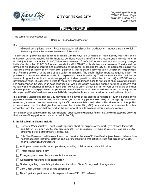 First page of the Pipeline Permit Application