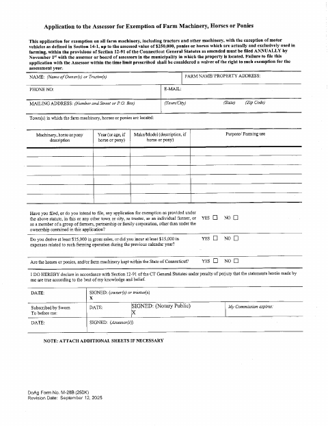 First page of the Farm Machinery, Horses or Ponies Exemption Application