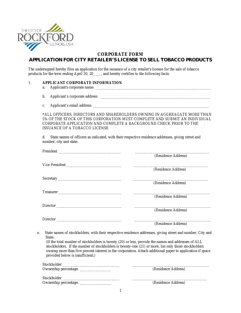 First page of the Corporate Tobacco License Application