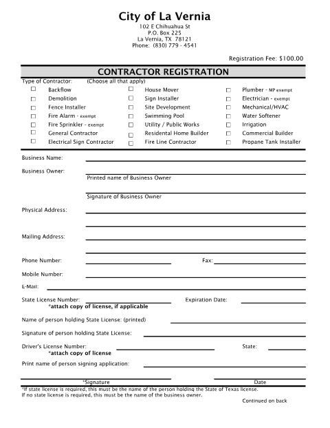 First page of the Contractor Registration Form