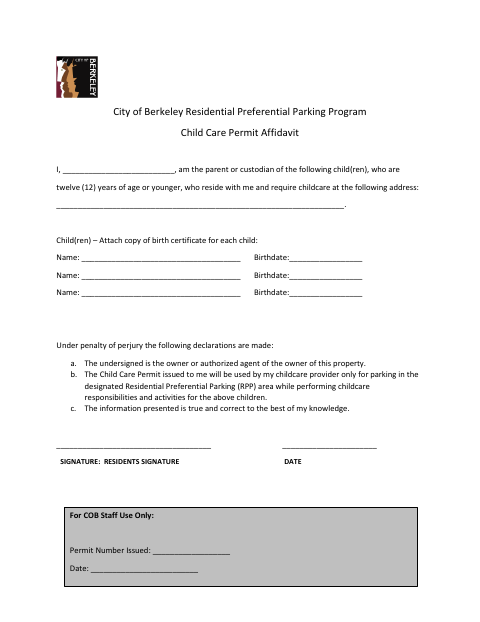 First page of the Residential Preferential Parking Program Child Care Permit Affidavit