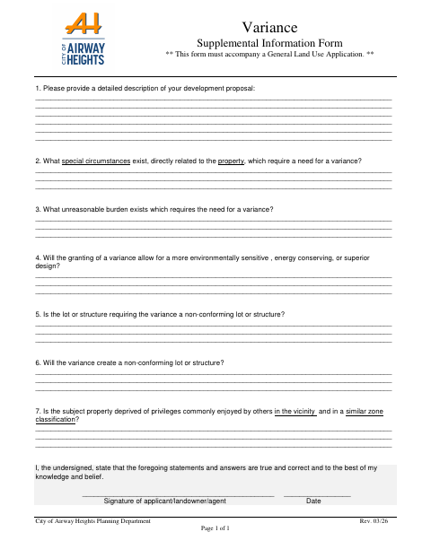 First page of the Variance Supplemental Information Form