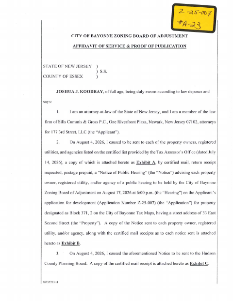 First page of the Zoning Board Affidavit of Service and Proof of Publication