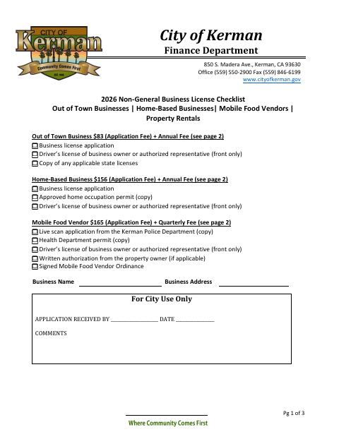 First page of the 2026 Non-General Business License Application