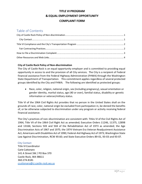 First page of the Title VI Program & Equal Employment Opportunity Complaint Form