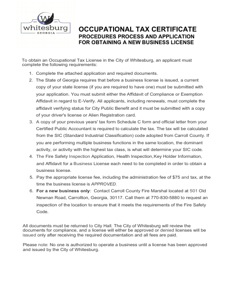 First page of the Occupational Tax Certificate Application