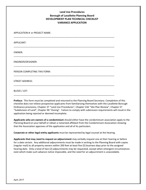 First page of the Development Plan Technical Checklist Variance Application