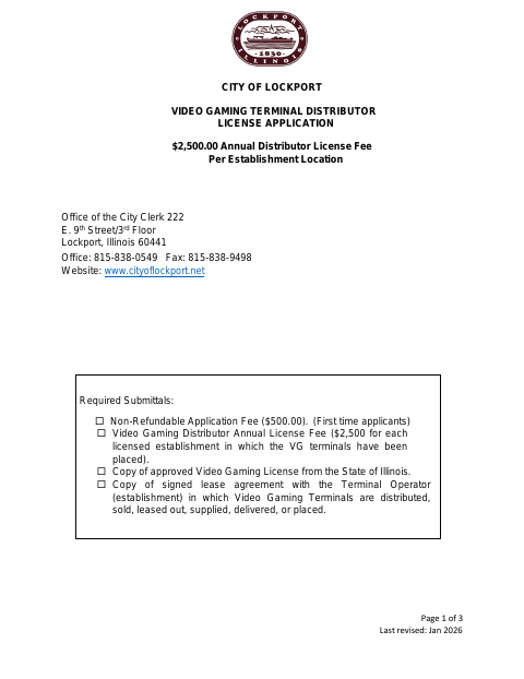 First page of the Video Gaming Terminal Distributor License Application