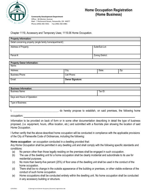 First page of the Home Occupation Registration