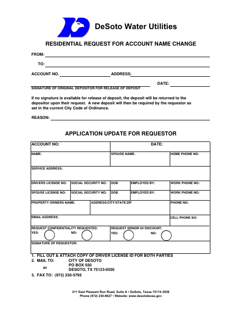 First page of the Residential Request for Account Name Change