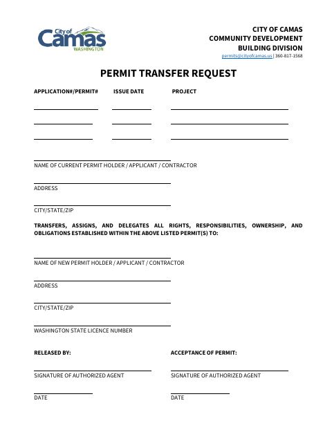 First page of the Permit Transfer Request