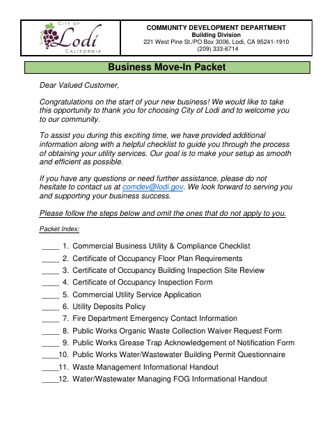 First page of the Business Move-In Packet