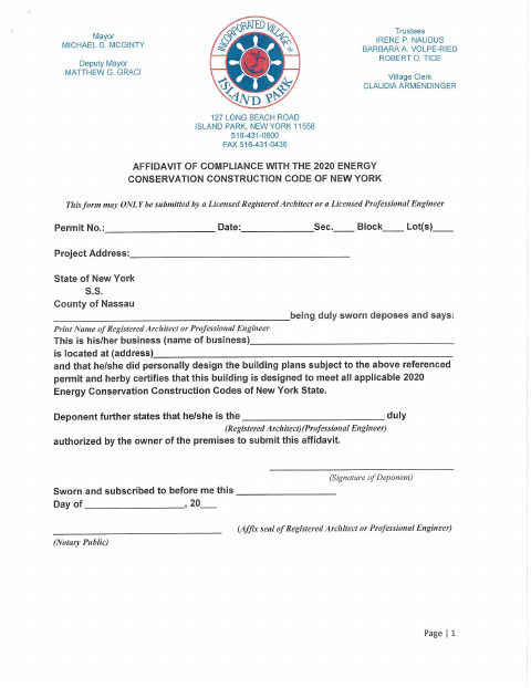 First page of the Energy Code Compliance Construction Affidavit