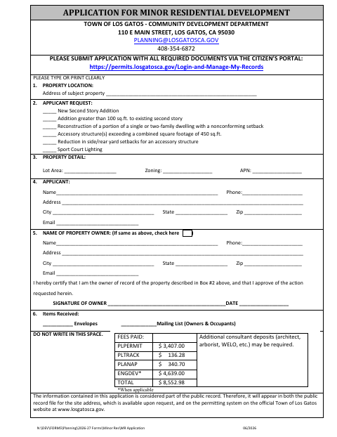 First page of the Application for Minor Residential Development