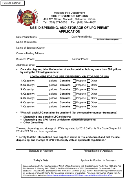 First page of the Use, Dispensing, and Storage of LPG Permit Application