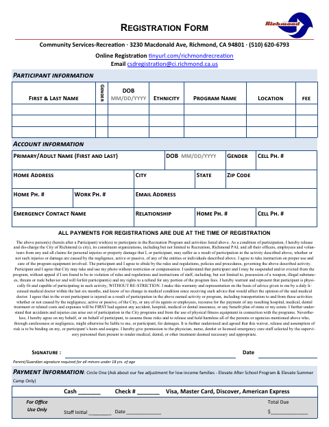 First page of the Recreation Program Registration Form