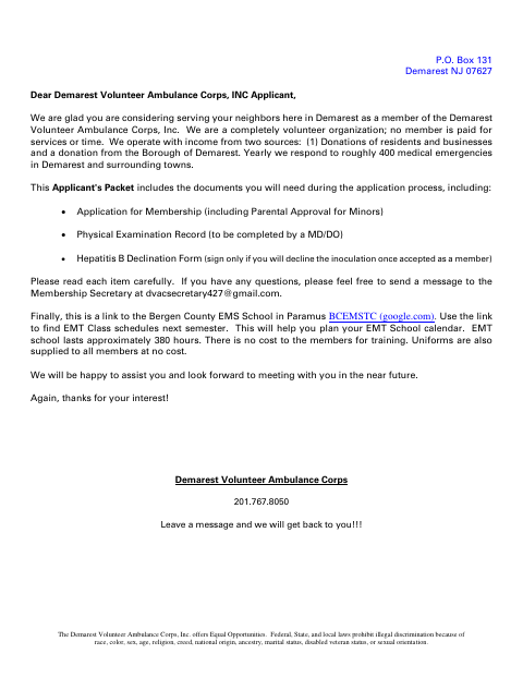 First page of the Volunteer Ambulance Corps Membership Application