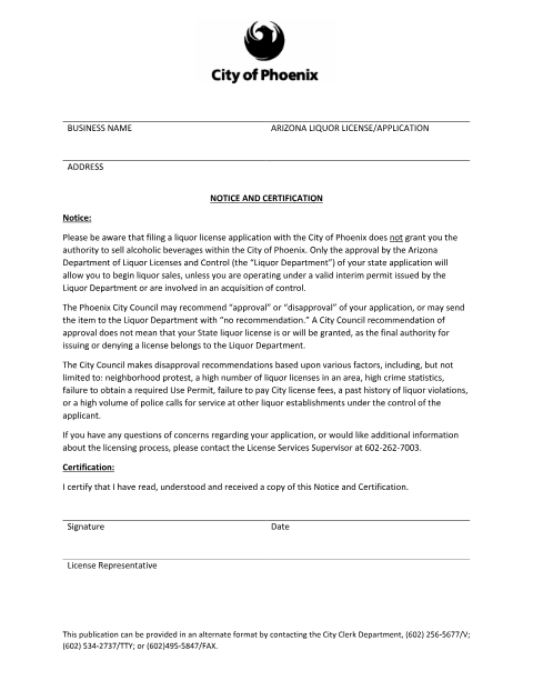 First page of the Liquor License Notice and Certification