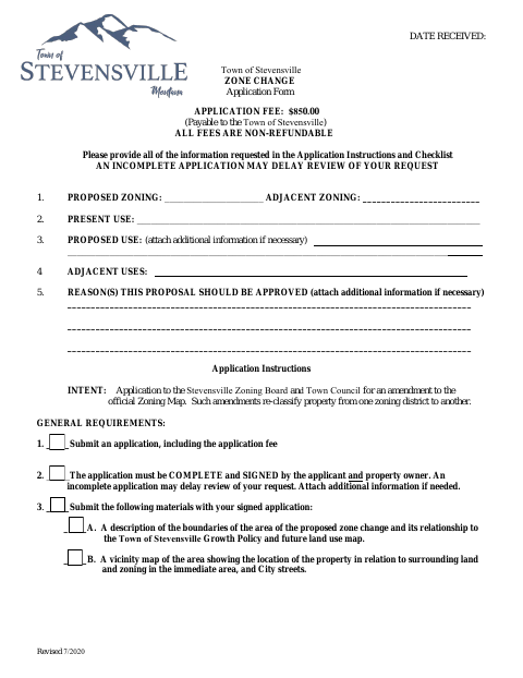First page of the Zone Change Application Form