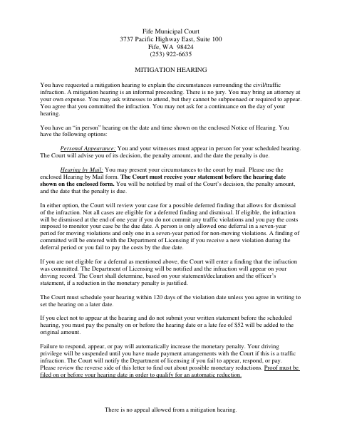 First page of the Declaration for Mitigation of Traffic/Civil Infraction