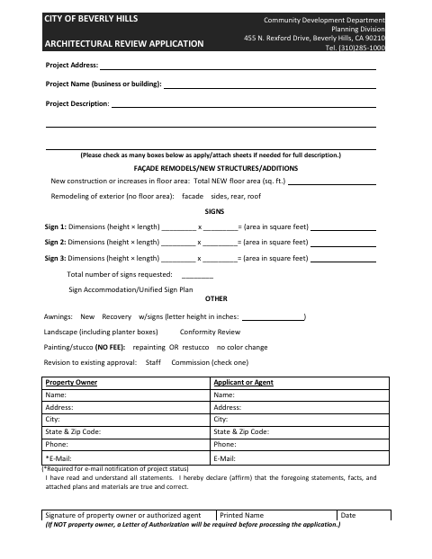 First page of the Architectural Review Application