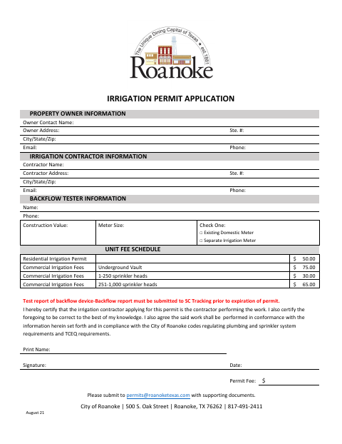 First page of the Irrigation Permit Application