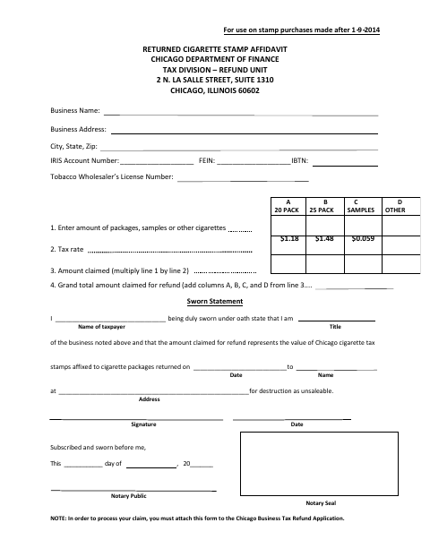 First page of the Returned Cigarette Stamp Affidavit