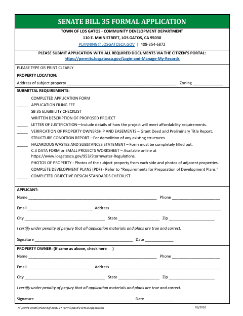 First page of the Senate Bill 35 Formal Application