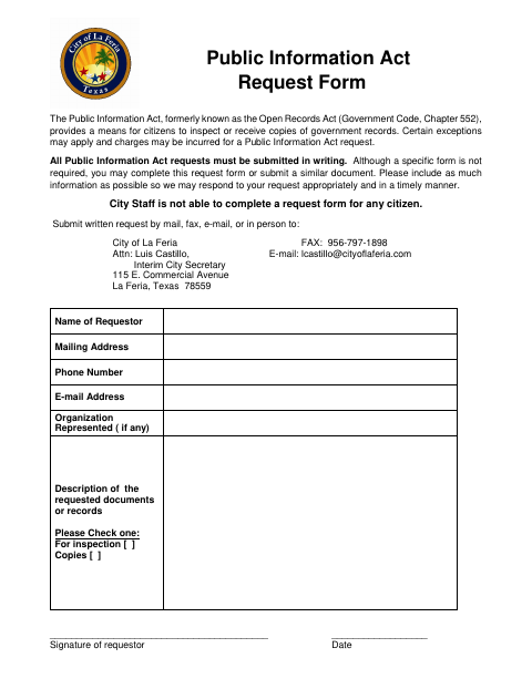 First page of the Public Information Act Request Form