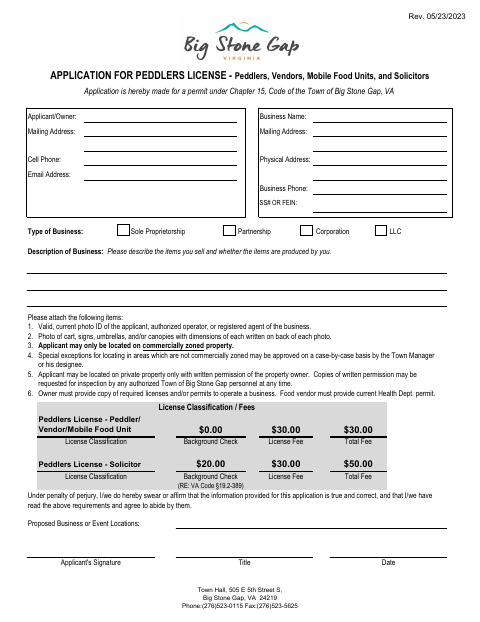 First page of the Application for Peddlers License
