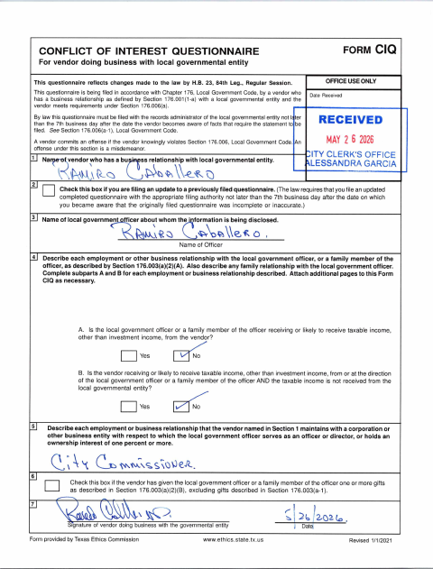 First page of the Conflict of Interest Questionnaire (Form CIQ)