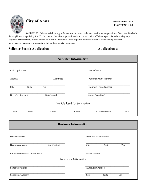 First page of the Solicitor Permit Application