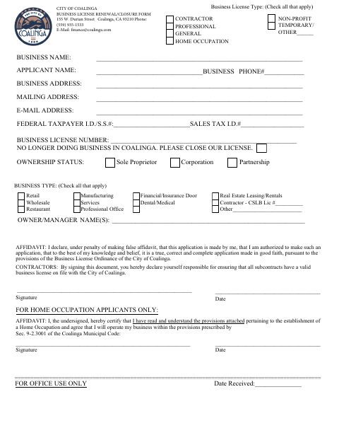 First page of the Business License Renewal/Closure Form