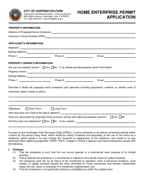First page of the Home Enterprise Permit Application