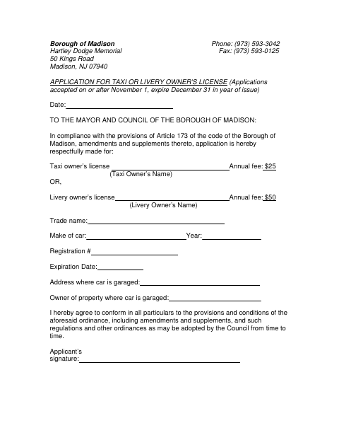 First page of the Application for Taxi or Livery Owner’s License