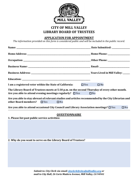 First page of the Library Board of Trustees Application for Appointment