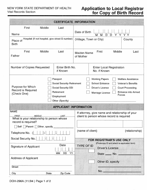 First page of the Vital Statistics Request