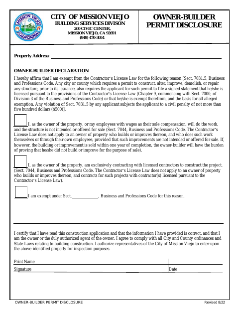 First page of the Owner-Builder Permit Disclosure