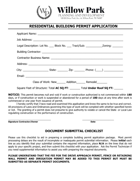 First page of the Residential Building Permit Packet
