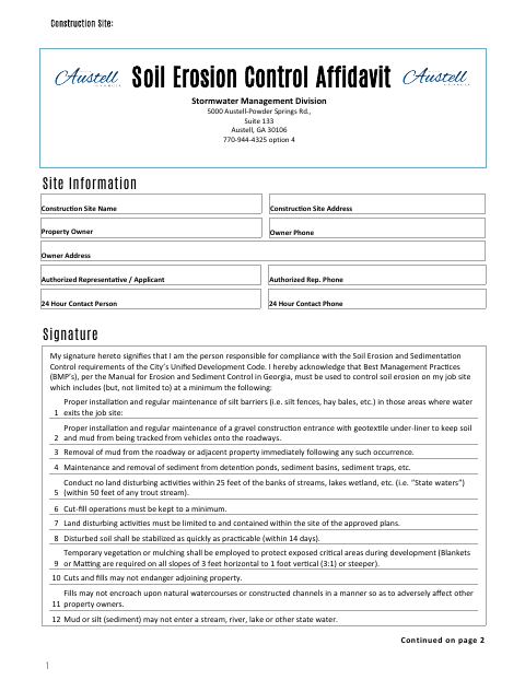 First page of the Soil Erosion Control Affidavit