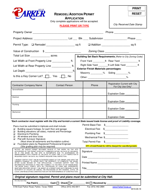 First page of the Remodel/Addition Permit Application