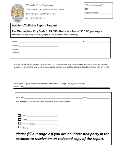 First page of the Accident/Collision Report Request