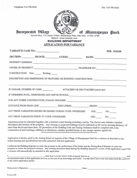 First page of the Application for Variance (Zoning Board)