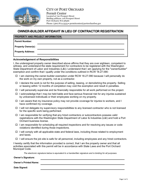 First page of the Owner-Builder Affidavit in Lieu of Contractor Registration