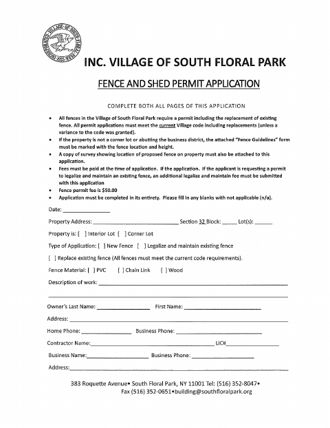 First page of the Fence and Shed Permit Application